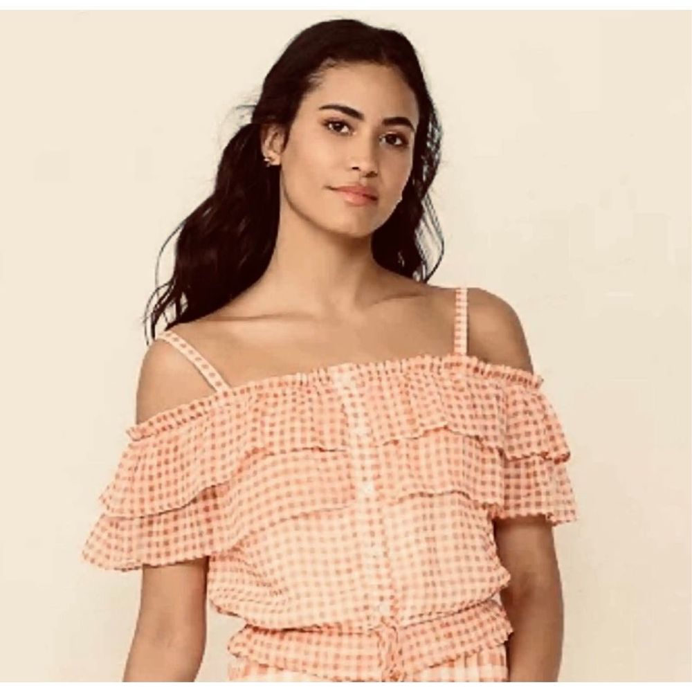 Lauren Conrad Gingham Off Shoulder Ruffled Summer Blouse